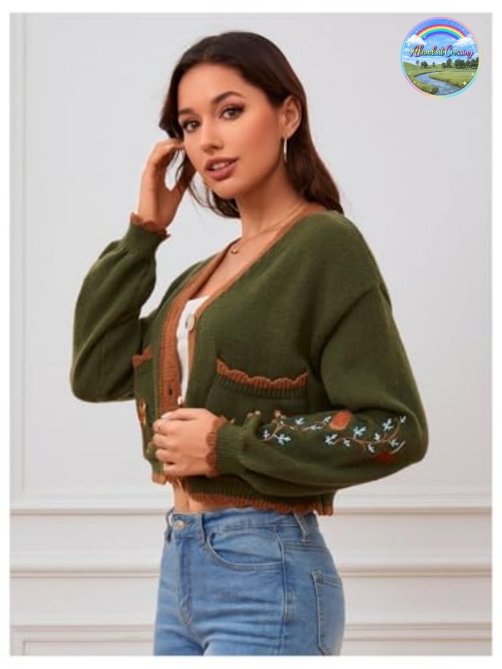 Floral Cropped Cardigan Embroidered Open Front Western Sweater - Picture 3 of 7